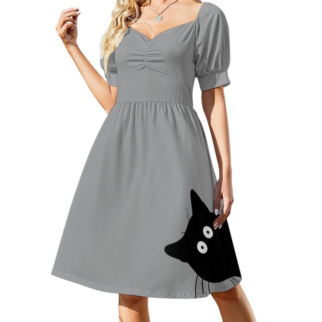 Peeking gato negro gato negro oculto gato negro furtivo Vestido de manga corta vestido largo mujer vestidos de verano mujer 2025