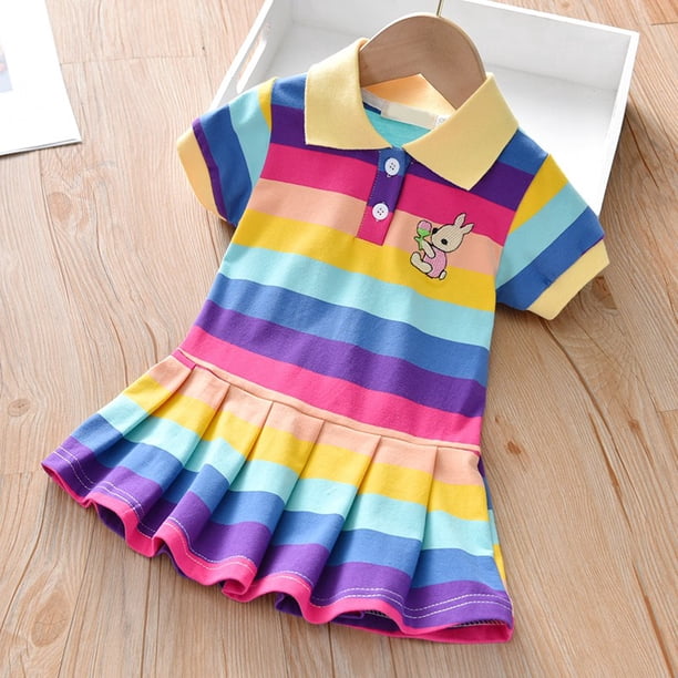 Vestido De Niña Verano Bebé Moda Colorido Rayas Manga Corta Plisado
