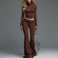 thumbnail image 3 of Idoravan sets for women clothing two piece casual Women Solid Color High Neck Long Sleeves Low-rises Bells-bottoms Suit, 3 of 7