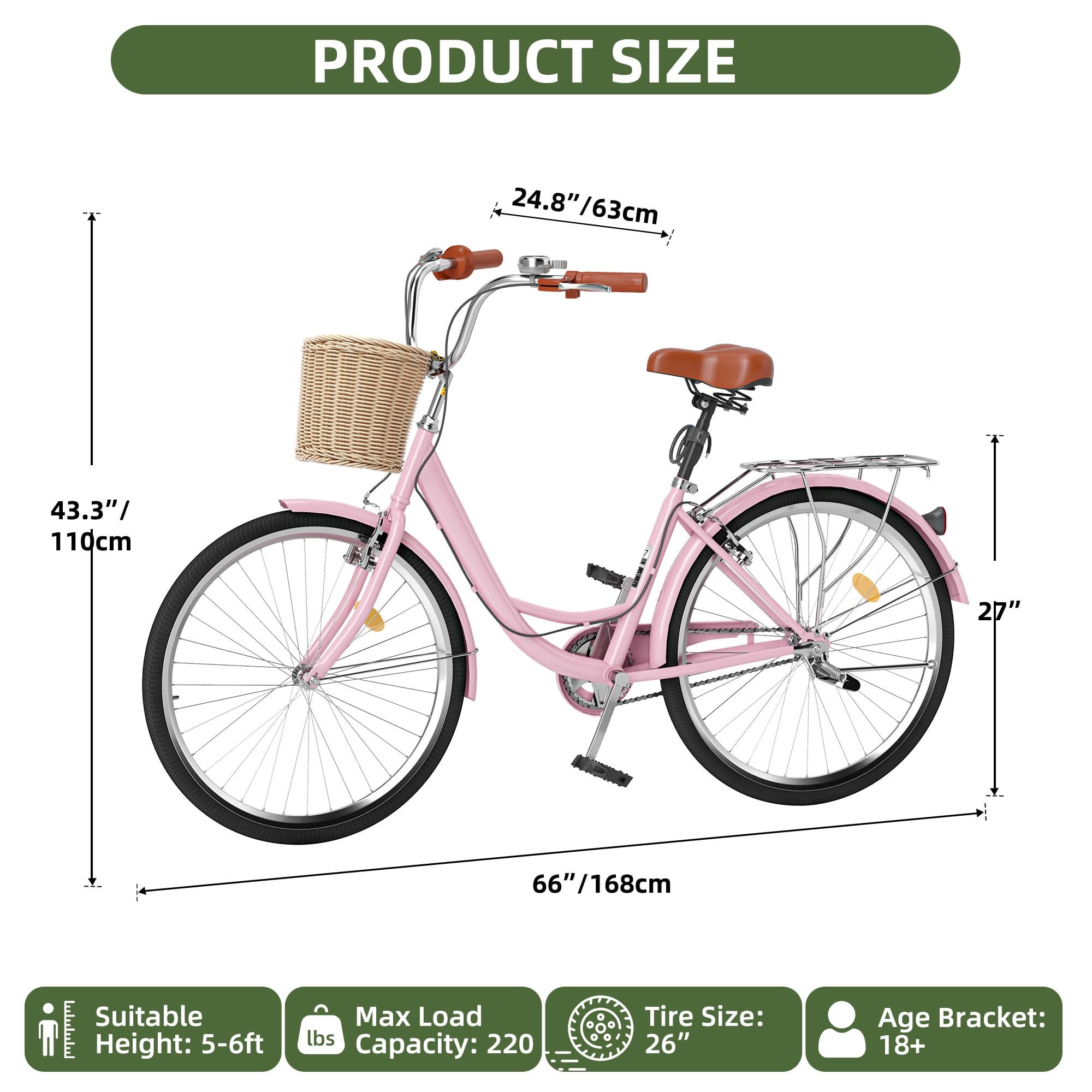 Uforic 26" Beach Cruiser Bike for Women, Adjustable Seat Single-Speed Commuter Bike Bicycle for Adults, Pink
