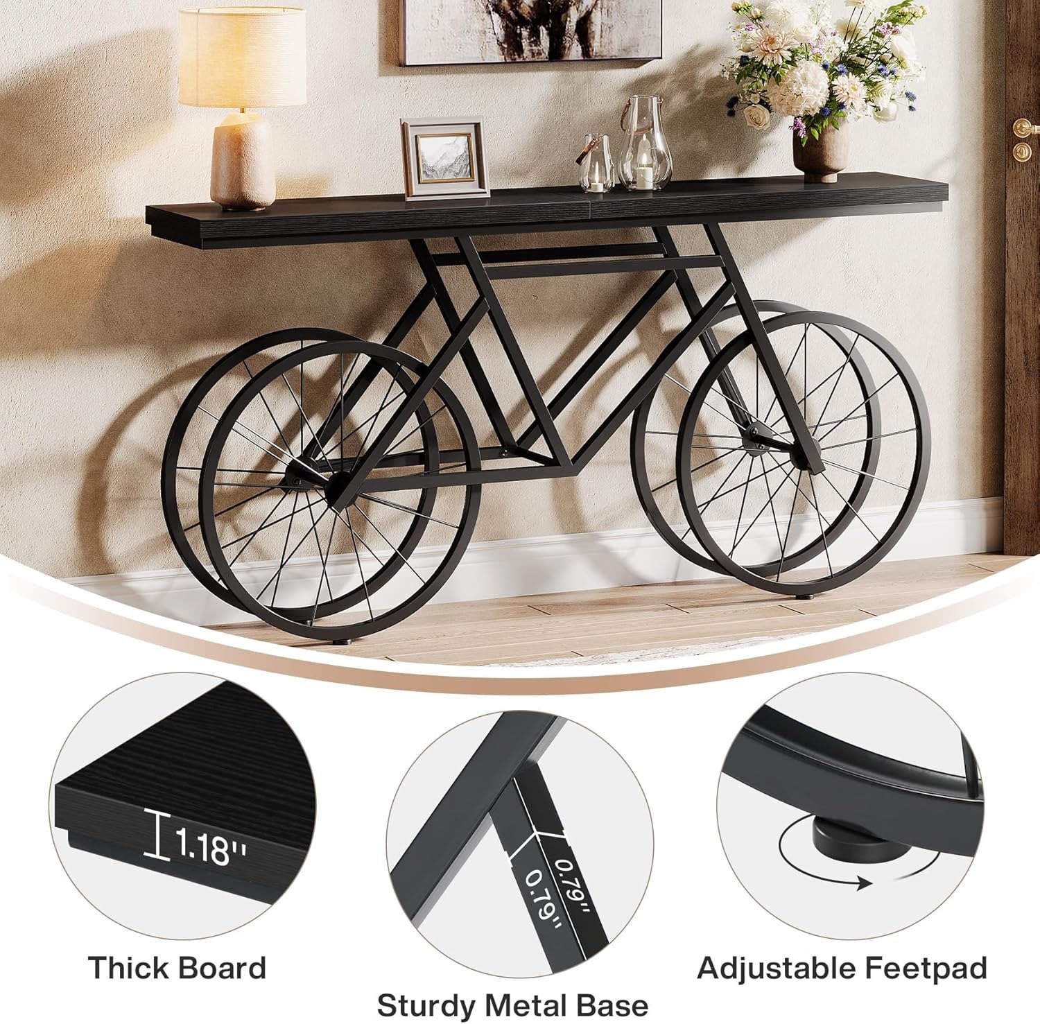 70.9-Inch Extra Long Console Table, Narrow Sofa Table With Bicycle Metal Base, Modern Industrial Entryway Table, Sturdy MDF Top Behind Couch Table For Living Room, Hallway, Foyer