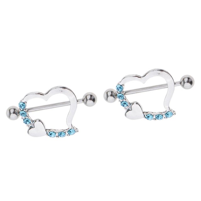 1 Par de material acero Inoxidable Barbell de Calibre 16 Inclinado Corazones s de Pezón Pavimentados de Cristal Joyería Corpora - Azul Hugo Anillo de pezón de acero inoxidable
