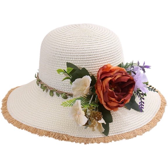 Jiibva Summer Straw Hat for Women Large Brim Color Matching Sun Hat with Flower Decoration Travel Foldable Bucket Hat for Outdoor