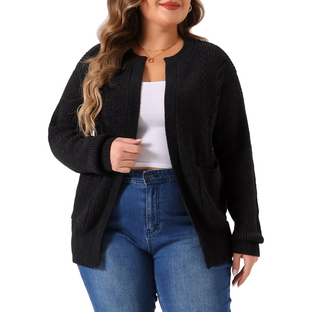 GRACE & GRANDEUR Cardigans Grande Taille pour Femmes Classiques à Manches Longues Cardigans Légers avec Poches Noir 2X