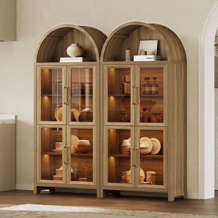 SICOTAS 74"H Large Arched Display Cabinet Set of 2, 5-Tier Curio cabinet with Glass Doors & Motion Sensor LED Lights, Modern Display Bookcase for Living Room, Home Office, Brown Oak