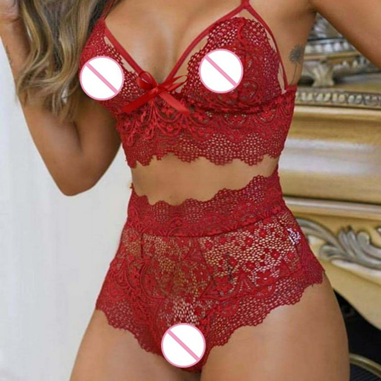 Plus Size Lingerie Set for Women， Sexy Cross Strappy Lace Up Bra Lace+High  Waisted Underwear Panty 