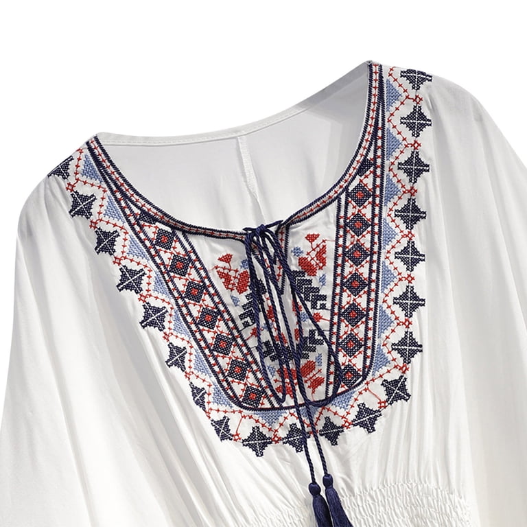 Grosy Women’s Bohemian Embroidered Top – 3/4 Sleeve V-Neck Hippie Peasant Blouse (Rayon)