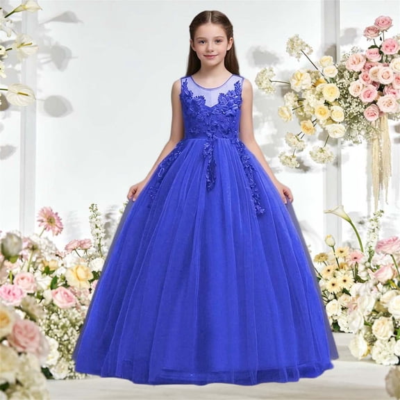 SGFCWSX Girls Formal Pageant Dress Sleeveless Lace Applique Tulle Long A-Line Wedding Party Dresses Blue Size 7-8 Years