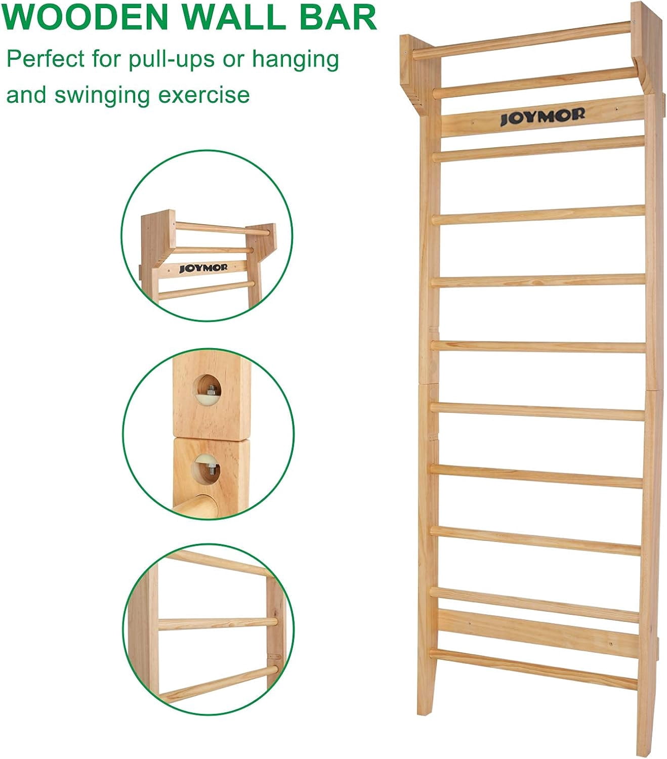 JOYMOR Gymnastics Swedish Ladder, Multiuse Exercise Ladder, Wall Mounted Pull Up Bar, Physical Therapy for Stretching and Various Exercises, Indoor Gym Workout Yoga (Wood Stall Bar)