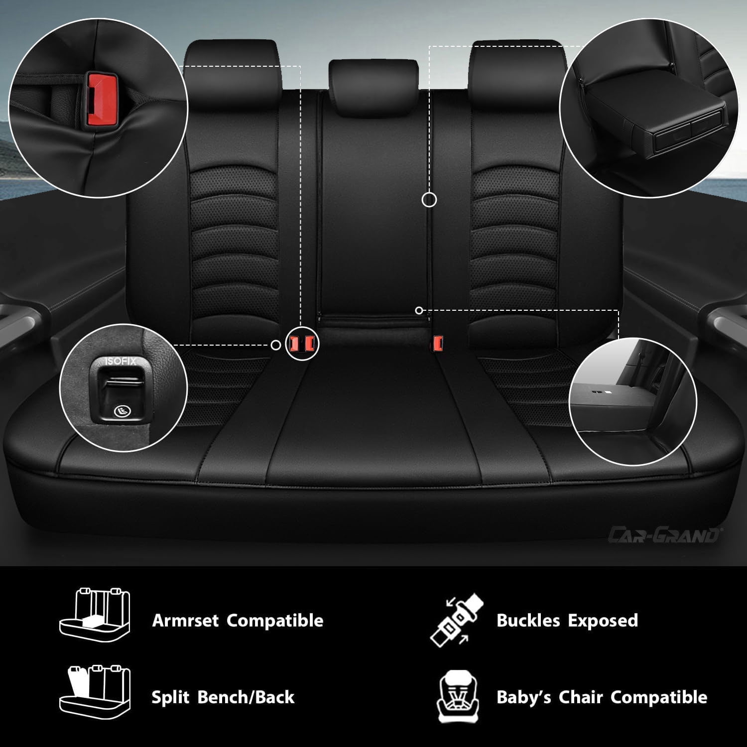 CAR GRAND PU Leather Car Seat Covers, Universal Fit Rear Bench covers for Trucks SUV Sedan Automotive Seat Protectors Armrest Waterproof 3D Foam Comfortable Faux Nappa Leather Black