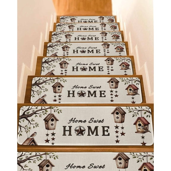 Bird Houses Non-Slip Stair Treads for Wooden Steps, 15 Pack 8x30 Inches Carpet Stair Mats with Adhesive Backing, Noise-Reducing Step Covers for Indoor Stairs, Easy to Install & Residue-Free