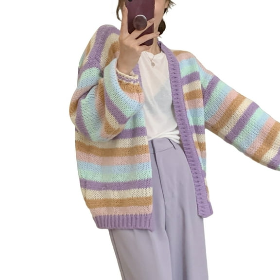Oversized Loose Knitwear Cardigan for Women Long Sleeve Rainbow Striped Knitted Open Front Sweater Coat Outwear