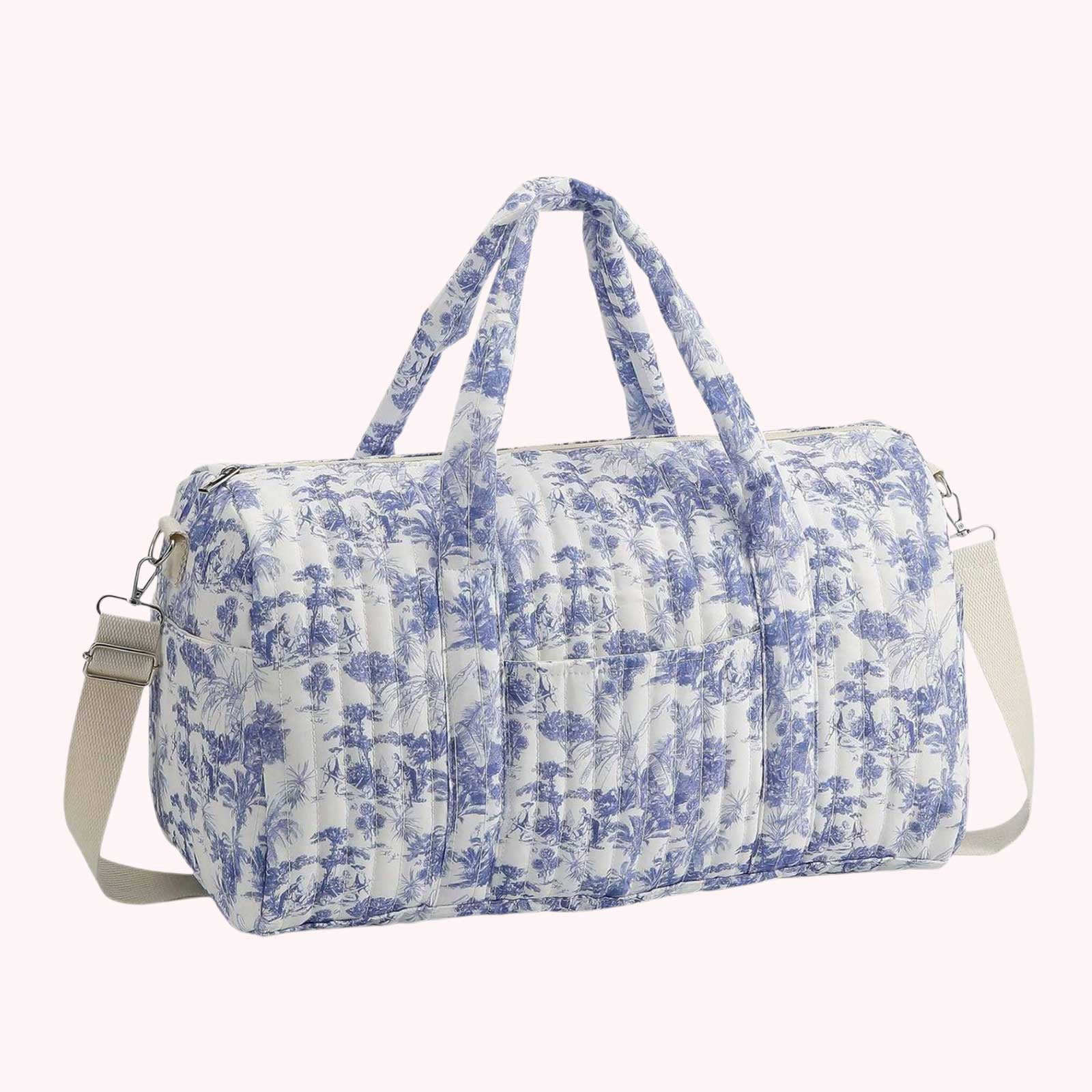 Hersfrd Cotton Quilted Floral Travel Baby Diaper Bag Large Capacity Travel Organizer with Zipper for Mom Dad Women Men Boys Girls (Coconut Blue)