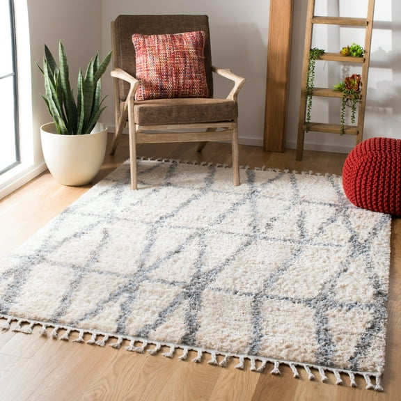 SAFAVIEH Berber Fringe August Geometric Shag Area Rug, Cream/Gray, 5'3" x 7'6"