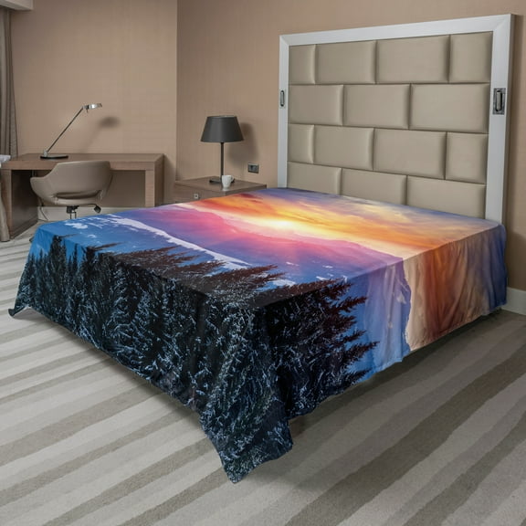 Ambesonne Forest Flat Sheet, Sunset in Mountains, King Size, Orange Blue