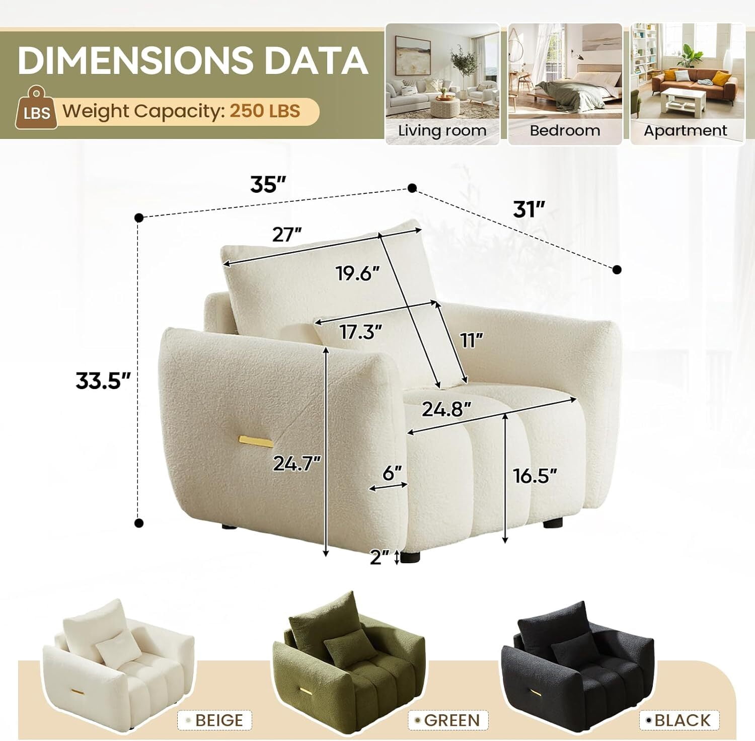 avobird 36.8" Tufted Upholstered Cloud Single Sofa Chairs, Deep Seat Reading Lounge Chair for Living Room, White