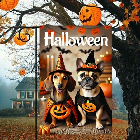 1 piece, Double-sided Halloween Garden Flag - 2D flat cute Dachshund and French Bulldog design, courtyard sign, perfect for courtyard, lawn and outdoor decoration, garden decoration, party decoration