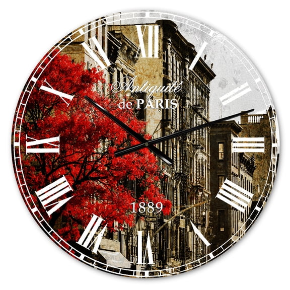 Designart 'Red Tree on Black and White New York City Street' Industrial wall clock