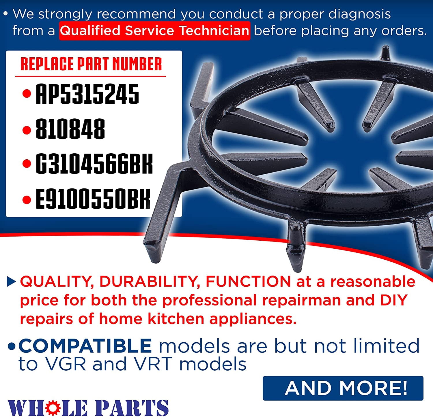 Whole Parts Gas Cooking Ranges Spider Grate Part # PA060001 - Replacement & Compatible with Some Viking Ranges