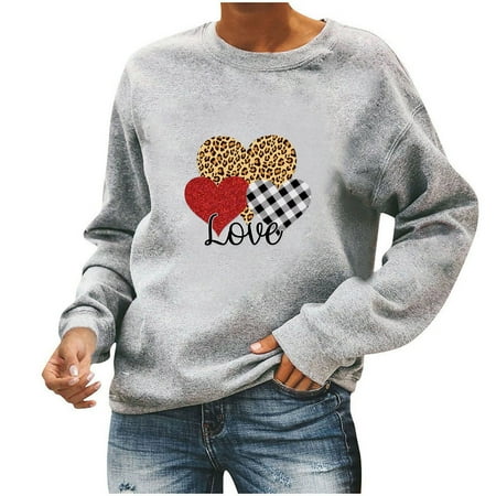 

Womens Long Sleeves Blouse Valentine s Day Fashion Love Printing Solid Pullover Casual Loose Round Neck Ladies Tunics Sweatshirt Top