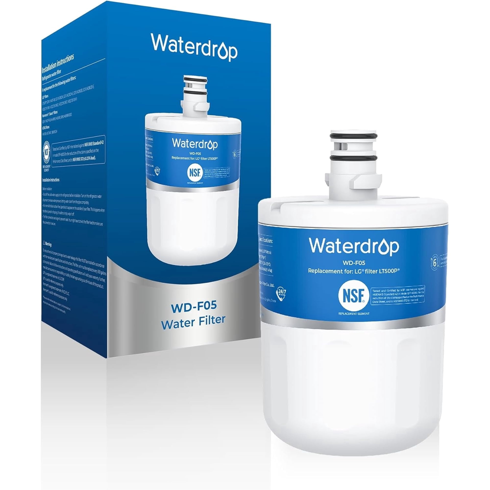 Waterdrop F05 Refrigerator Water Filter, Replacement for LG® LT500P®, GEN11042FR-08, ADQ72910911, ADQ72910901, Kenmore® 9890, 46-9890, LFX25974ST, LMX25964ST, 1 Pack