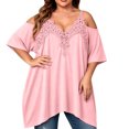 thumbnail image 2 of IUYRTFE Women's Cold Shoulder Lace Trim V Neck Top Short Sleeve Loose Fit Summer Casual Blouse Plus Size, 2 of 5