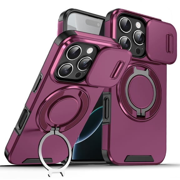 Moreoy Magnetic Case for iPhone 16 Pro Max with Rotating Ring Stand, Sliding Lens Cover Protection Shockproof Dual-layer Protective Phone Case with Magnetic Kickstand Finger Grip Holder,Cherryred