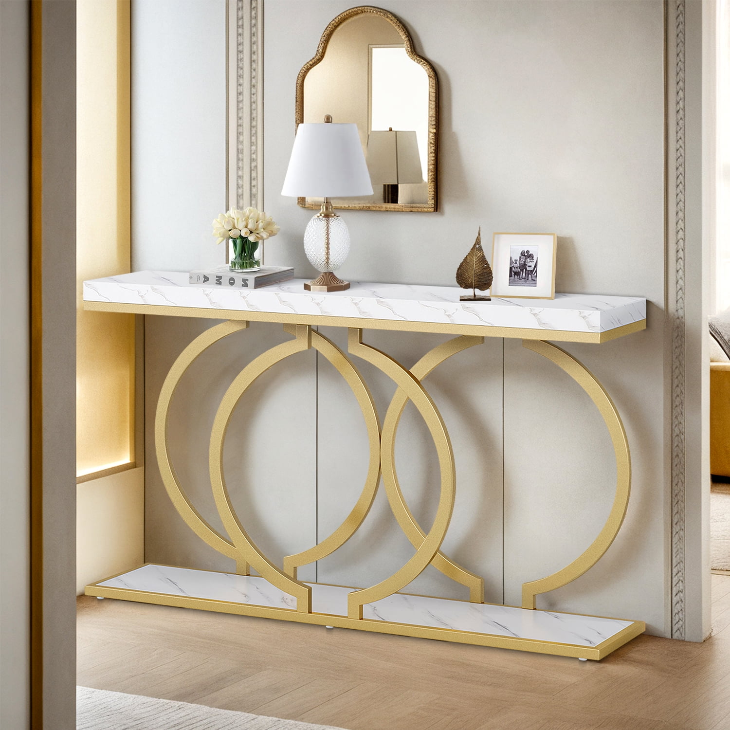 Demi Bonn 55" Console Table, Narrow Entryway Sofa Table with Geometric Metal Frame for Hallway, Entrance, Living Room, Bedroom, Gray