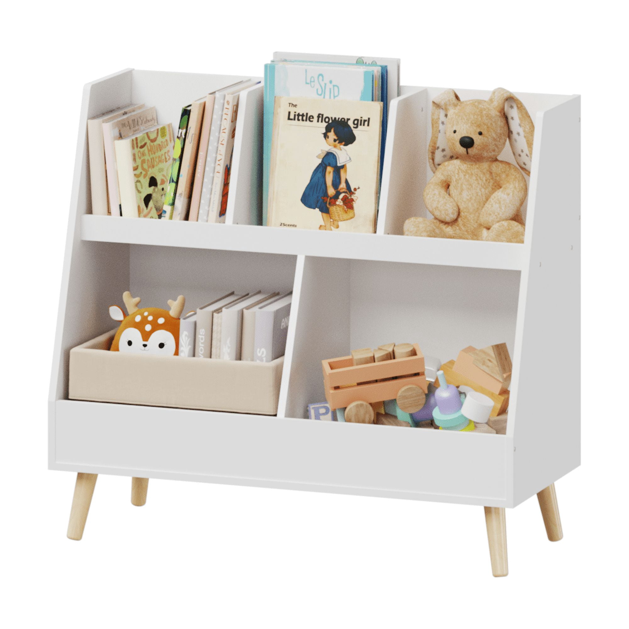 White Kids Bookshelf with 5 Cubbies, 28.54" Toy Organizer for Bedroom & Nursery, 2-Tier Storage Bookcase