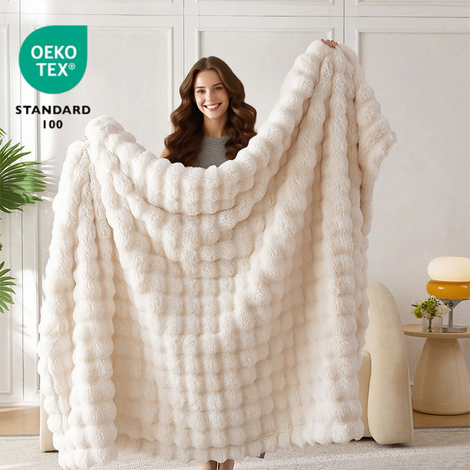 ROSEKIND 6lbs Faux Rabbit Fur Bubble Fleece Throw Blanket for Sofa & Bed, ultra-soft Cozy Gift for Adults & Friends, 50"x60", Ivory Cream