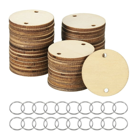 Wood Circles, 100 Pack Round Wooden Discs with Holes and Rings Unfinished Wooden Circles Blank Wood Rounds