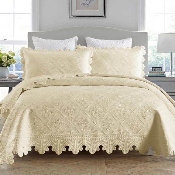 3-Piece 100% Cotton Oversized Bedspread Lightweight Quilt Coverlet Embroidery Farmhouse Bedding Set (Tk Beige Khaki, Oversized King (118"x106"))