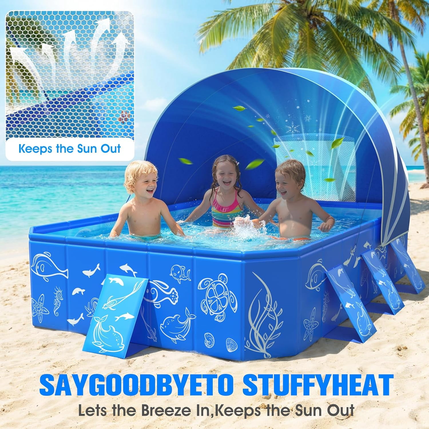 2026 Kiddie Pool with Canopy,Baby Swimming Pool for Toddler,Non-Inflatable Portable Pool for Kids,Foldable Toddler Pool with Shade,Kiddie Pool for Backyard,Pop Up Baby Beach Pool 53''×40×33''
