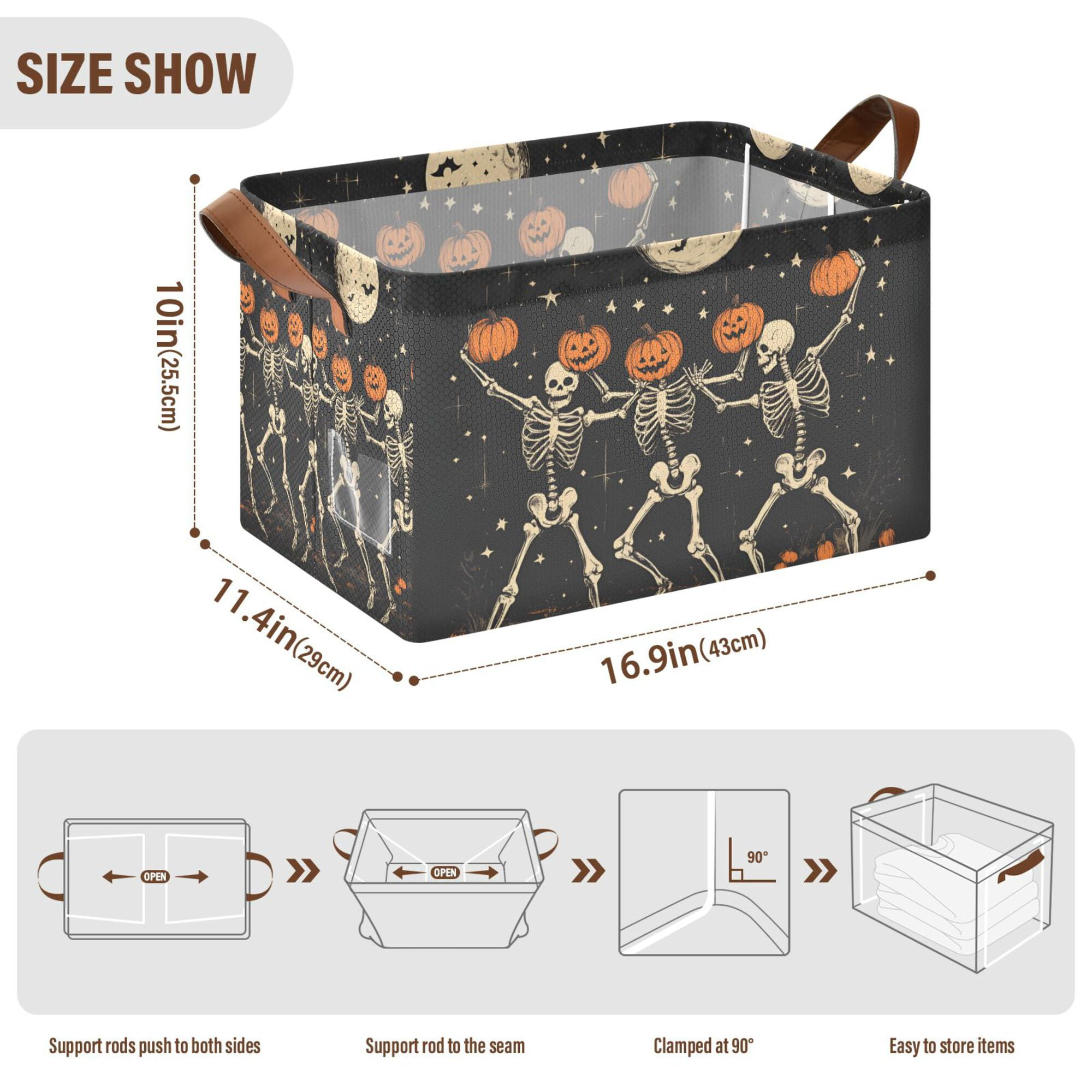 Yayeee Foldable Storage Basket for Shelves with Handles Set of 2 Waterproof Cloth Bins, Black Halloween Dancing Skeleton
