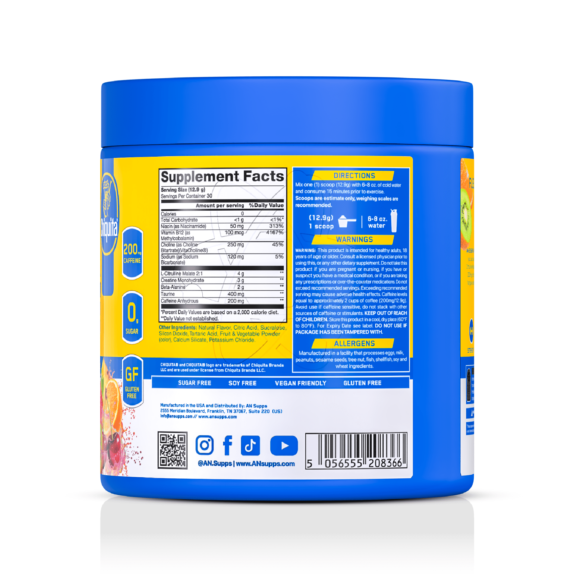 AN Supps Essential PRE Workout Powder Fruit Blend, 200mg Caffeine, No Sugar, Vegan, Gluten & Soy Free, Chiquita® Natural Flavor, Pre-Workout Energy Drink – 30 Servings