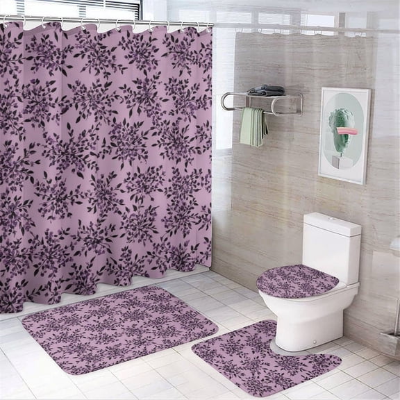 Shower Curtain Set 4 Piece include Shower Curtain and Rugs and Non Slip U Shaped Toilet Rugs Luxury Bathroom Decor Floral Small Purple Flowers