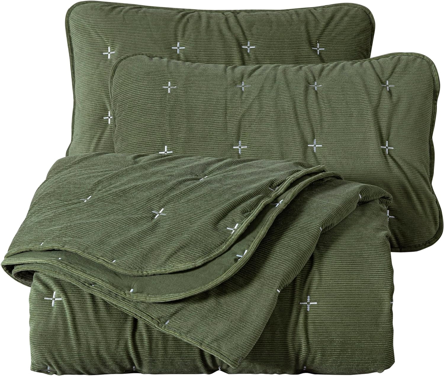 Chezmoi Collection Corduroy King Quilt Set Olive Green, 3-Piece Luxury Soft Cross Stitch Polyester Corduory Lightweight Bedspread, 1 Quilt 106 in x 94 in and 2 Pillow Shams 20 in x 36 in