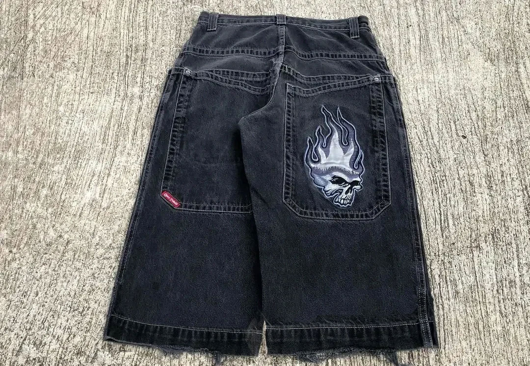 Hip Hop Retro Flame JNCO Shorts Y2K Embroidery Retro Denim Gym