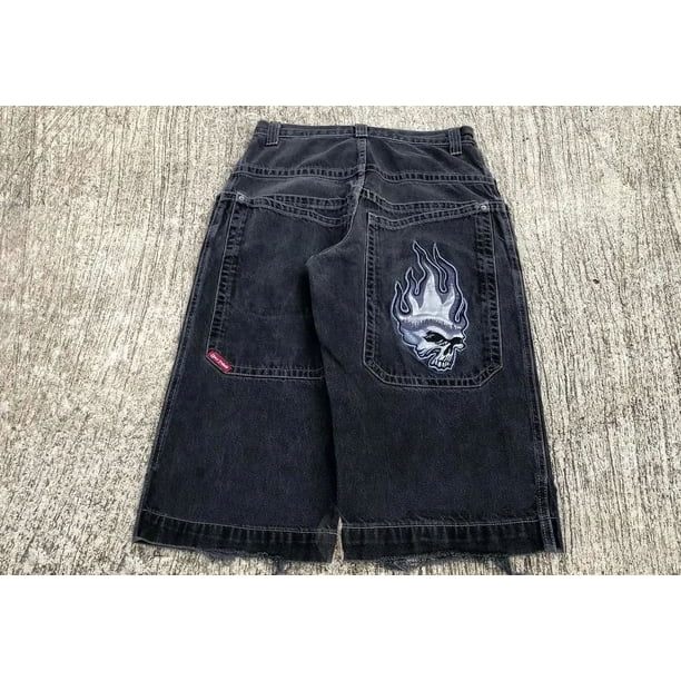 Hip Hop Retro Flame JNCO Shorts Y2K Embroidery Retro Denim Gym