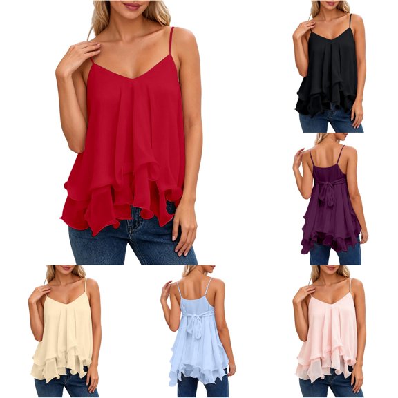 oqasdz Tank Tops for Women V Neck Layered Ruffle Spaghetti Straps Sleeveless Flowy Dress Camisole Top Solid Color Fashion Clothing Casual Outdoor,Red,XL
