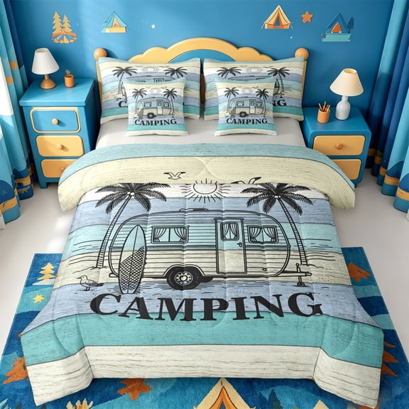 Catabedysis Ocean Beach Camping 7-Piece Twin Bedding,Camper Print Bedding Comforter Set For Boys,Multicolor,Light Gray Reversible