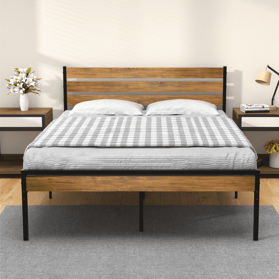 Queen Platform Bed with Rustic Wood Headboard - Under Bed Storage, No Box Spring Needed