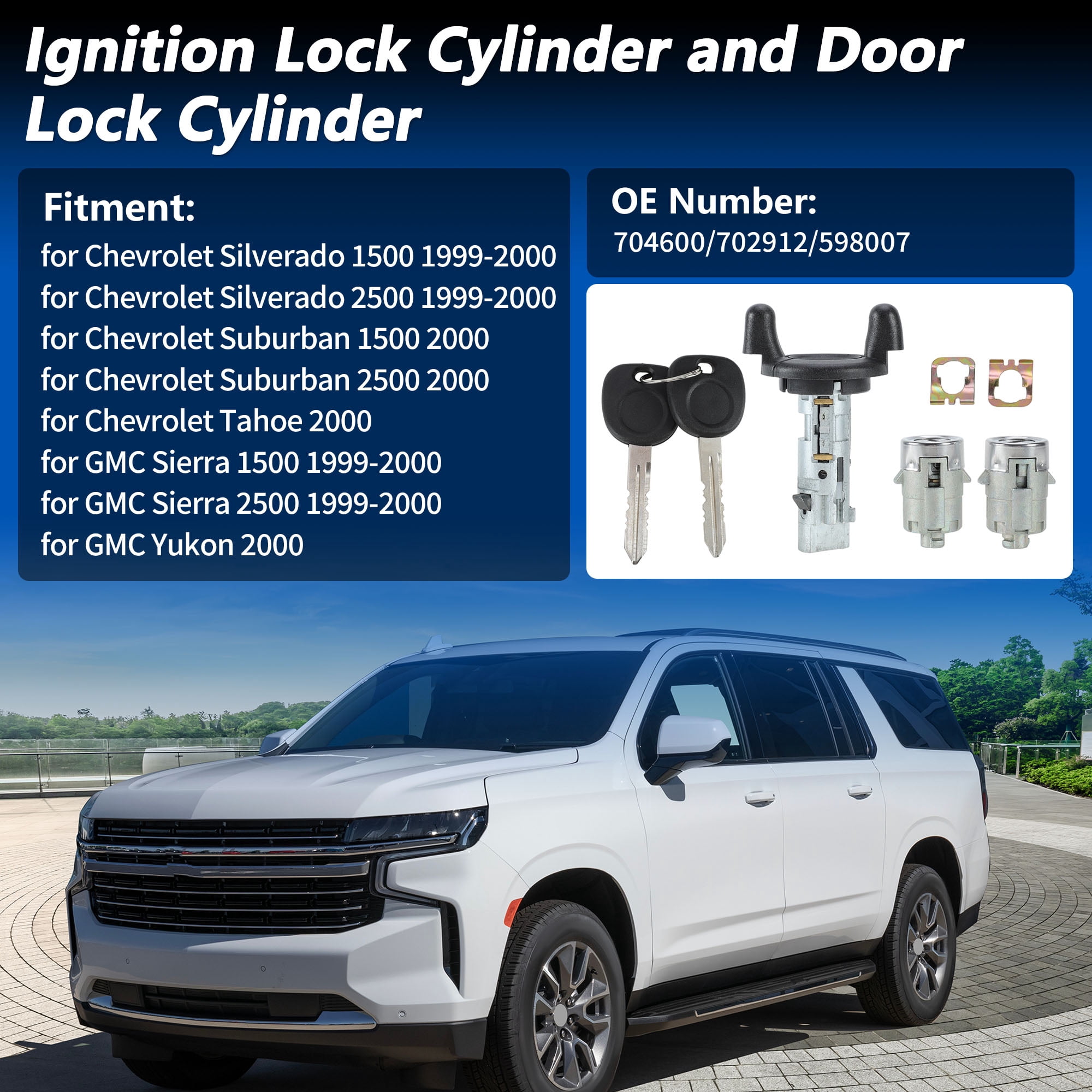 Unique Bargains Ignition Lock Cylinder and Door Lock Cylinder with 2 Keys for Chevrolet Silverado 1500 1999-2000 Ignition Switch Cylinder Lock No.704600/702912/598007