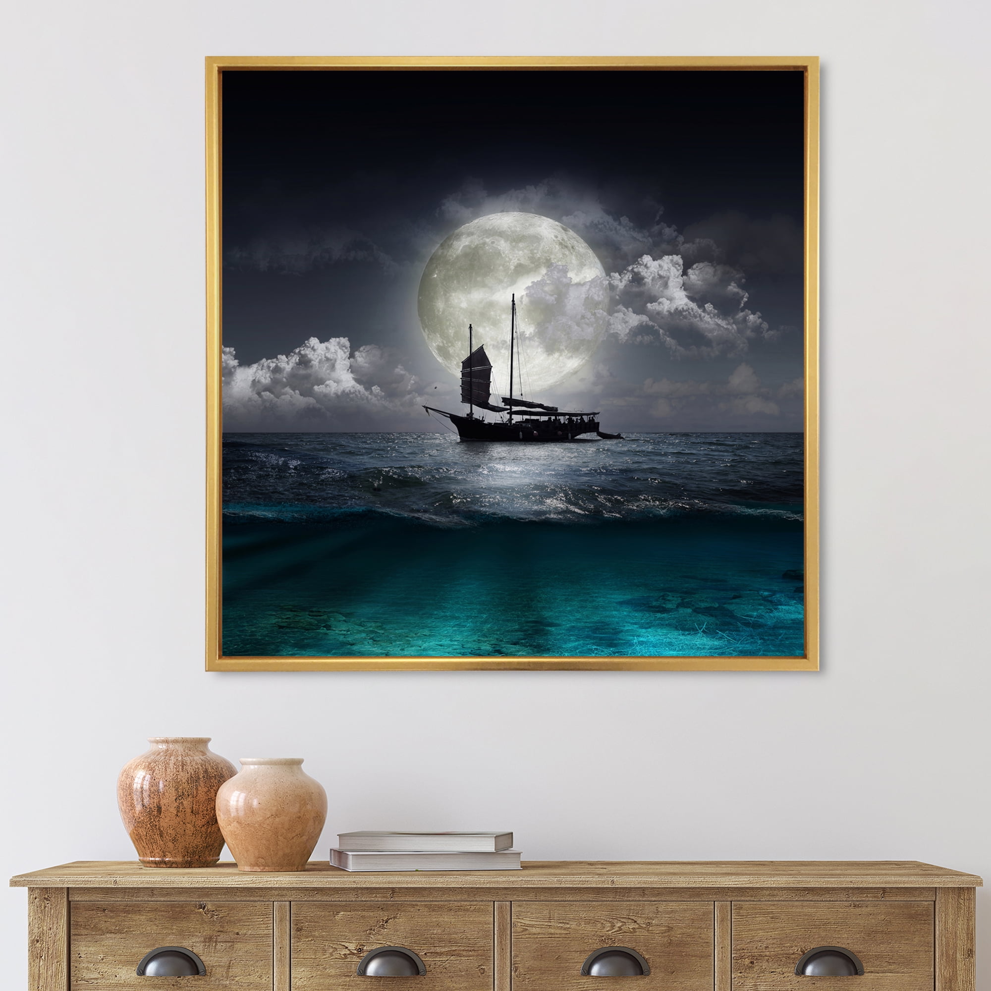 Designart 'The Lake During Full Moon With Fisher Boat' Nautical & Coastal Framed Canvas Wall Art Print