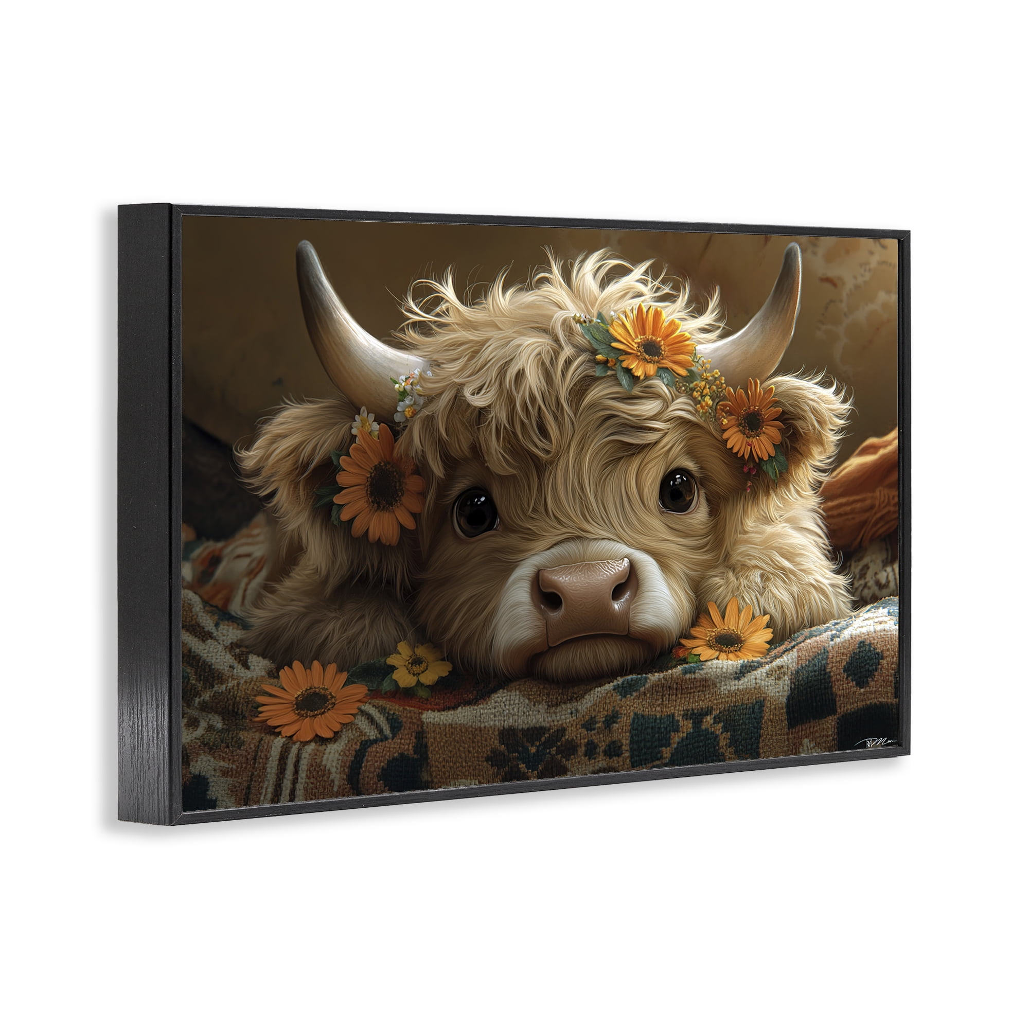 Adorable Flower Bedecked Cattle Black Framed Giclee Art, design by Momart