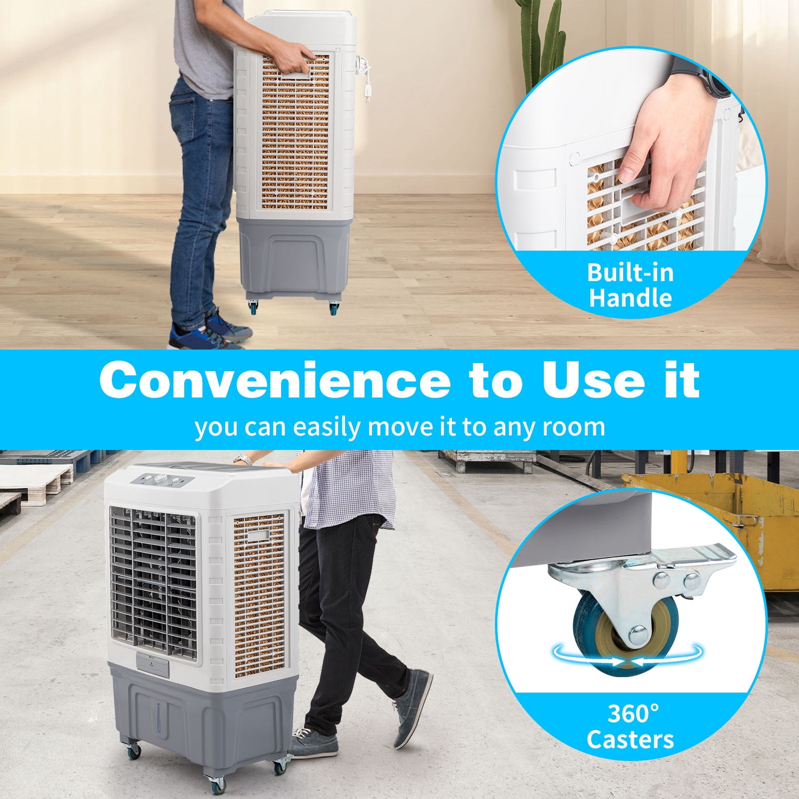 13.2-Gal Portable Air Conditioner, 3-in-1 Evaporative Air Cooler with 3 Modes & 3 Speeds, Portable Cooling Fan with 4 Ice Boxes, Coverage 323 Square Feet, 4 Scroll Casters, White