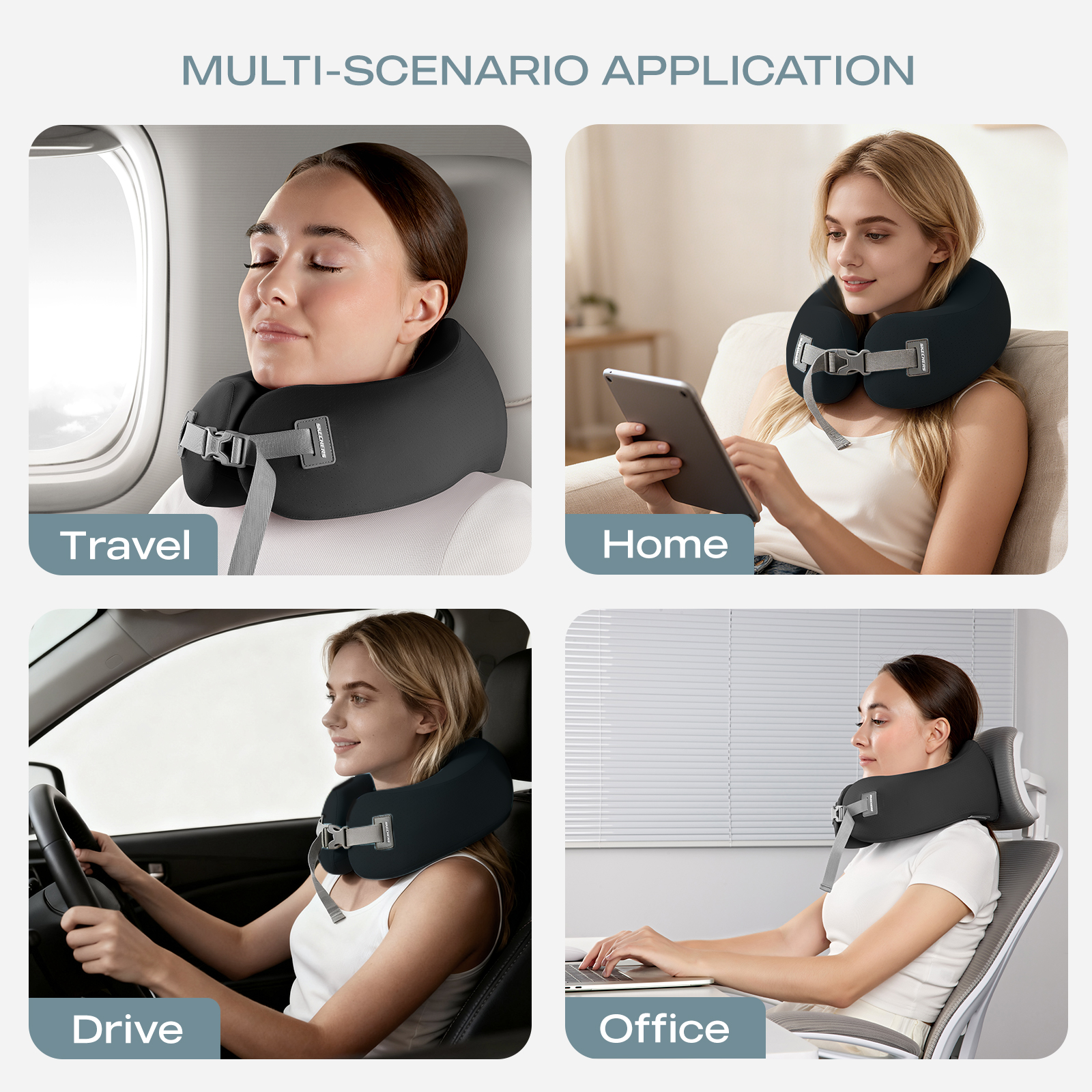 Skechers Memory Foam Car U-Shaped Neck Pillow,Ergonomic Support,Breathable Mesh,Removable Cover,for Car,Office,and Travel Black