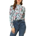 thumbnail image 1 of INSPIRE CHIC Women's Floral Button Up Ruffle Stand Collar Long Sleeve Shirt Blue M, 1 of 5