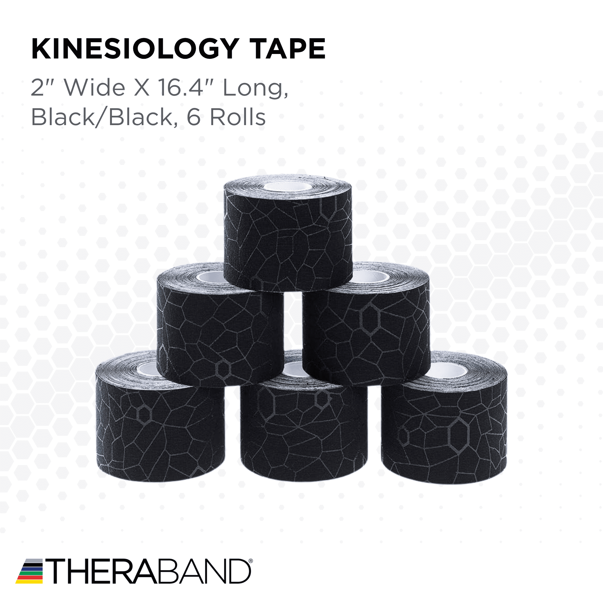 THERABAND Kinesiology Tape, Black/Black, 2'' X 16.4' Roll, 6 Pack with XactStretch Indicators, Long-Lasting Athletic Tape for Shoulder & Knee, Latex-Free Sports Tape, Water Resistant, Cut-to-Length