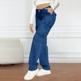 thumbnail image 4 of Cargo Denim Pants for Women Blue Straight Wide Leg Jeans Trendy Multi-pocket Streetwear Outdoor Work Going Out High Waist Pants, 4 of 9